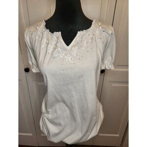 Carolyn Taylor White Embroidered Blouson Peasant Top  1X Cottage Festival Bling